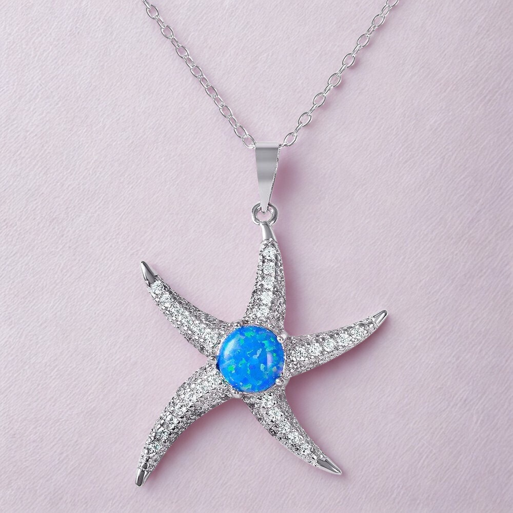 Silver Starfish Pendant Necklace with Blue Opal